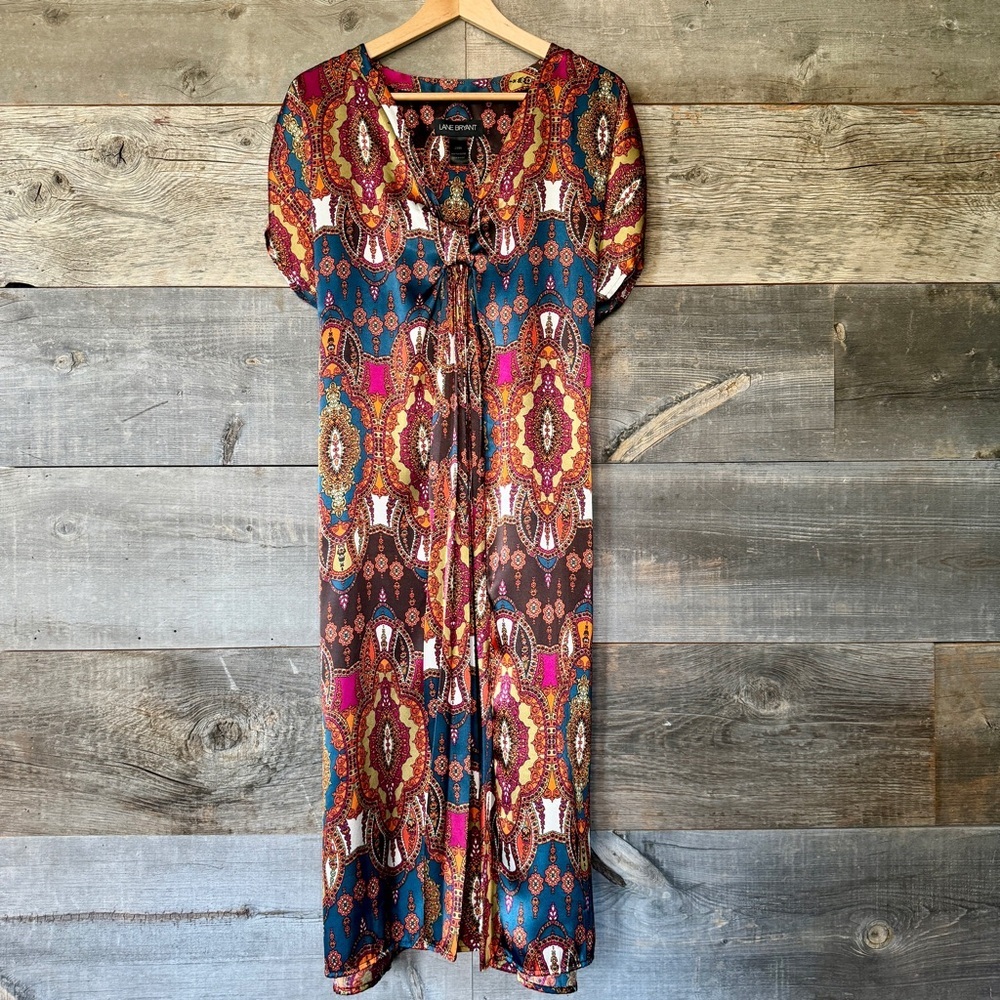 Vintage Lane Bryant Caftan Pattern Midi‎ Dress Multicolor Poly Satin Tie 18/20